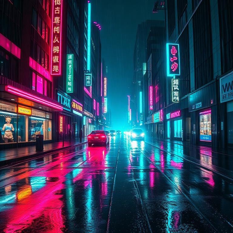 AI-generated neon cyberpunk street at night