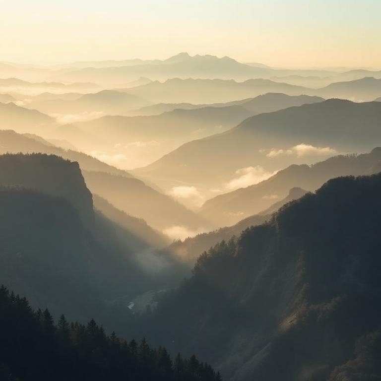 AI-generated misty mountain landscape at dawn
