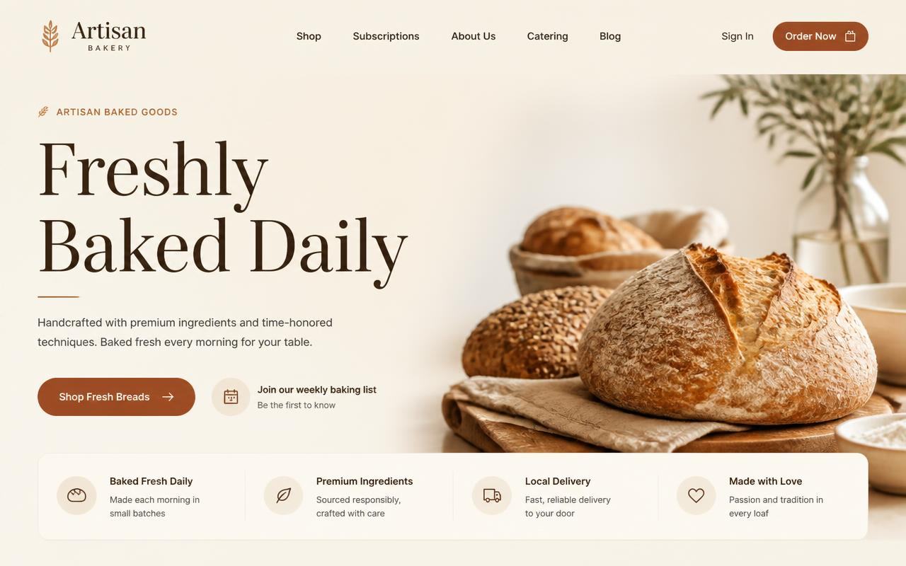 AI-generated artisan bakery website with hero image and ordering call to action