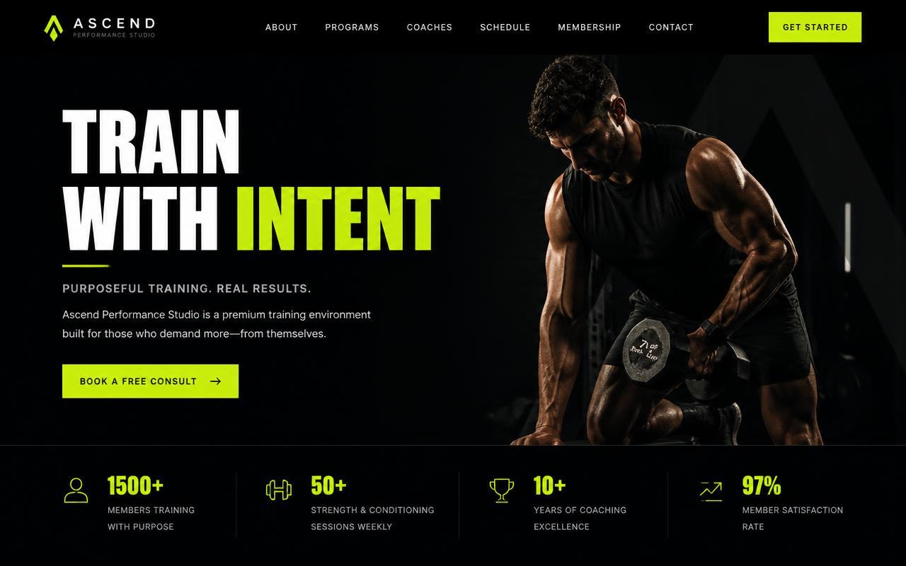 AI-generated fitness studio website with dark hero and membership stats