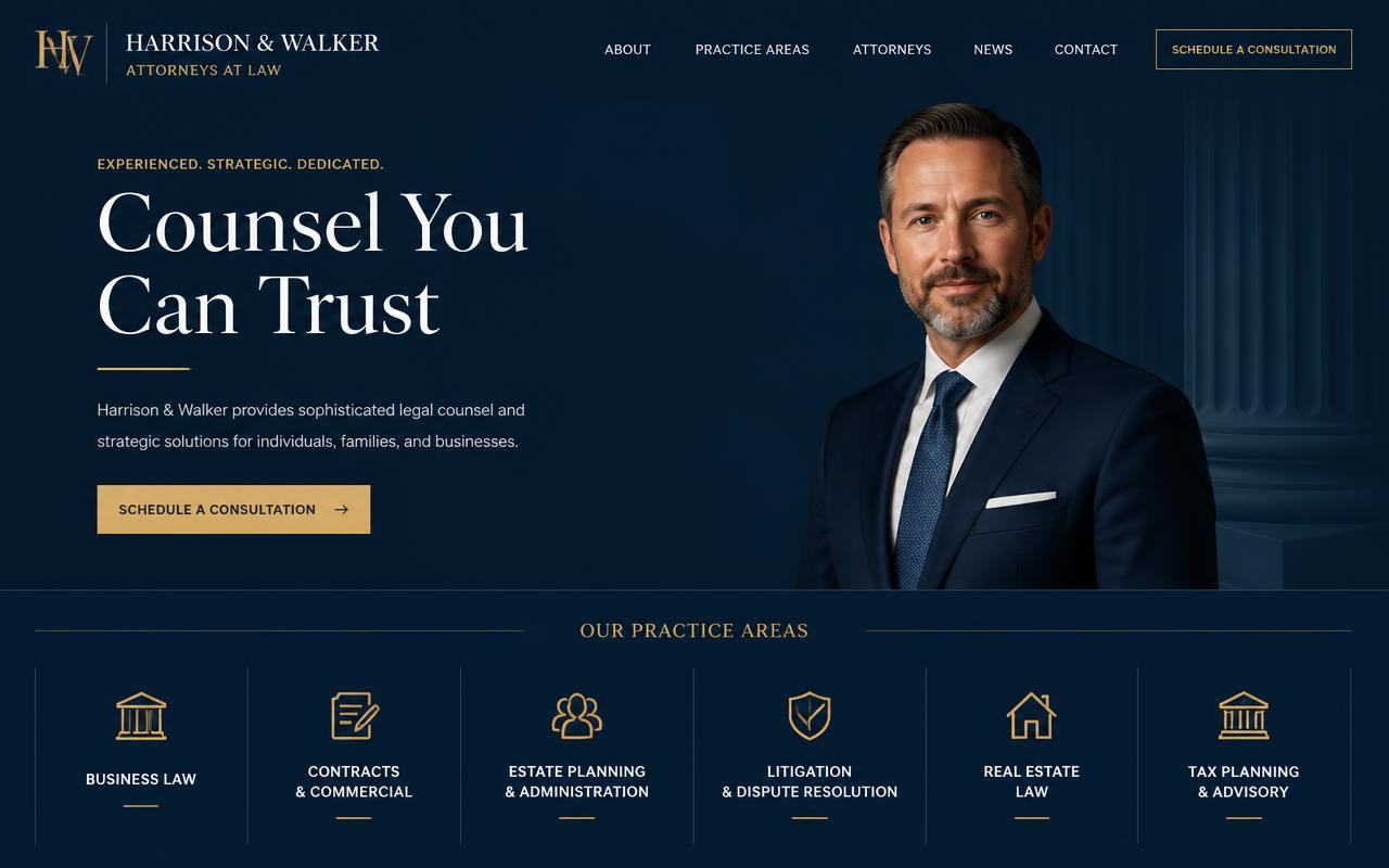 AI-generated law firm website with navy hero and practice areas